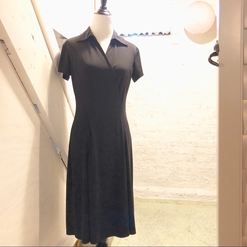 Black Faux Wrap Dress with Collar, Short Sleeve - Picture 8 of 8